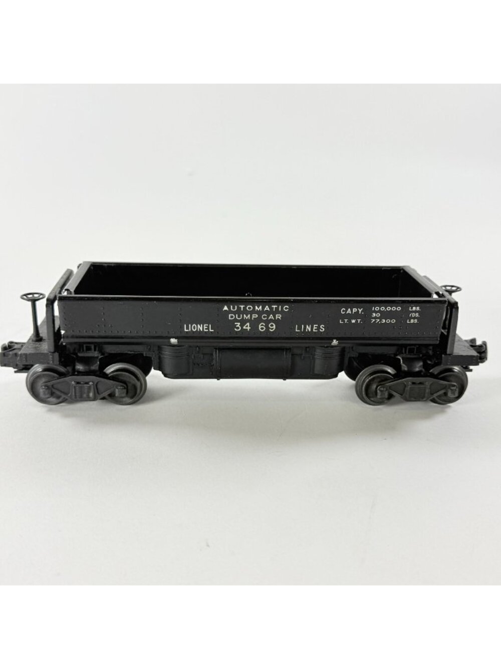 Lionel Automatic Dump Car 3469 Lines Black Model Train Rollers Couplers